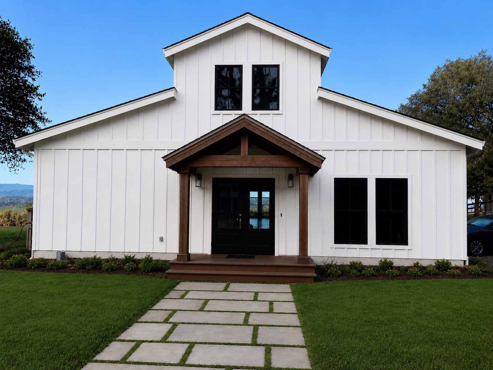 Modern farmhouse custom home with timber entry porch